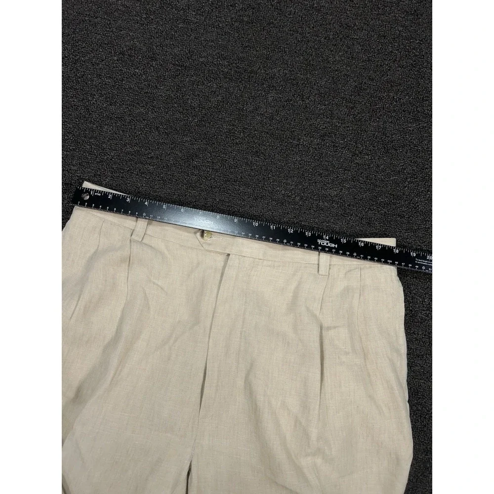 Jos A Bank Dress Pants Men's 36x26 Beige 100% Linen Pleated Cuffed Preppy‎